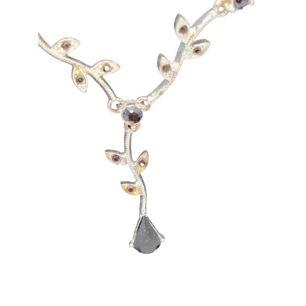 Vintage Black Glass Floral Vine Statement Necklace Silver Tone Drop Pendant